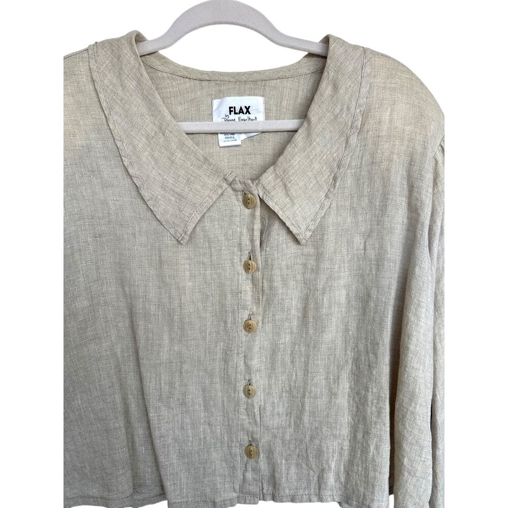FLAX By Jeanne Engelhart 100% Linen Cropped Button Front Blouse Natural Small - Picture 2 of 7